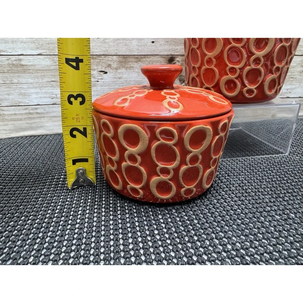 Set 2 Anthropologie Siena Mini Baking Dish or Trinket Dish Red Beige Circles NEW